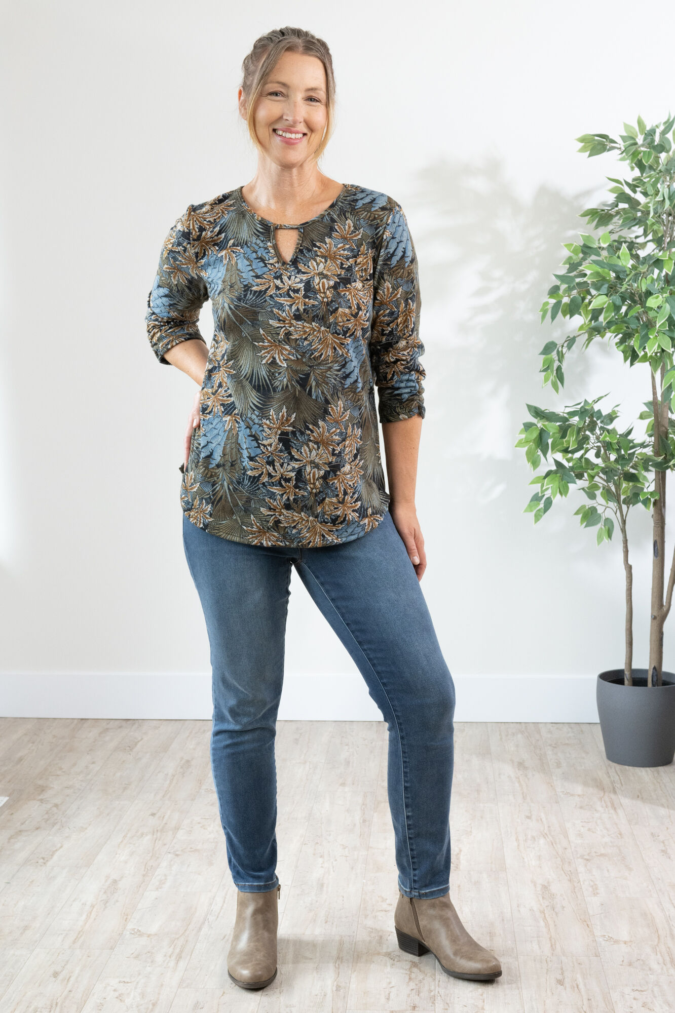 Brown Leafy Branch Tree Keyhole Shirt Image 3