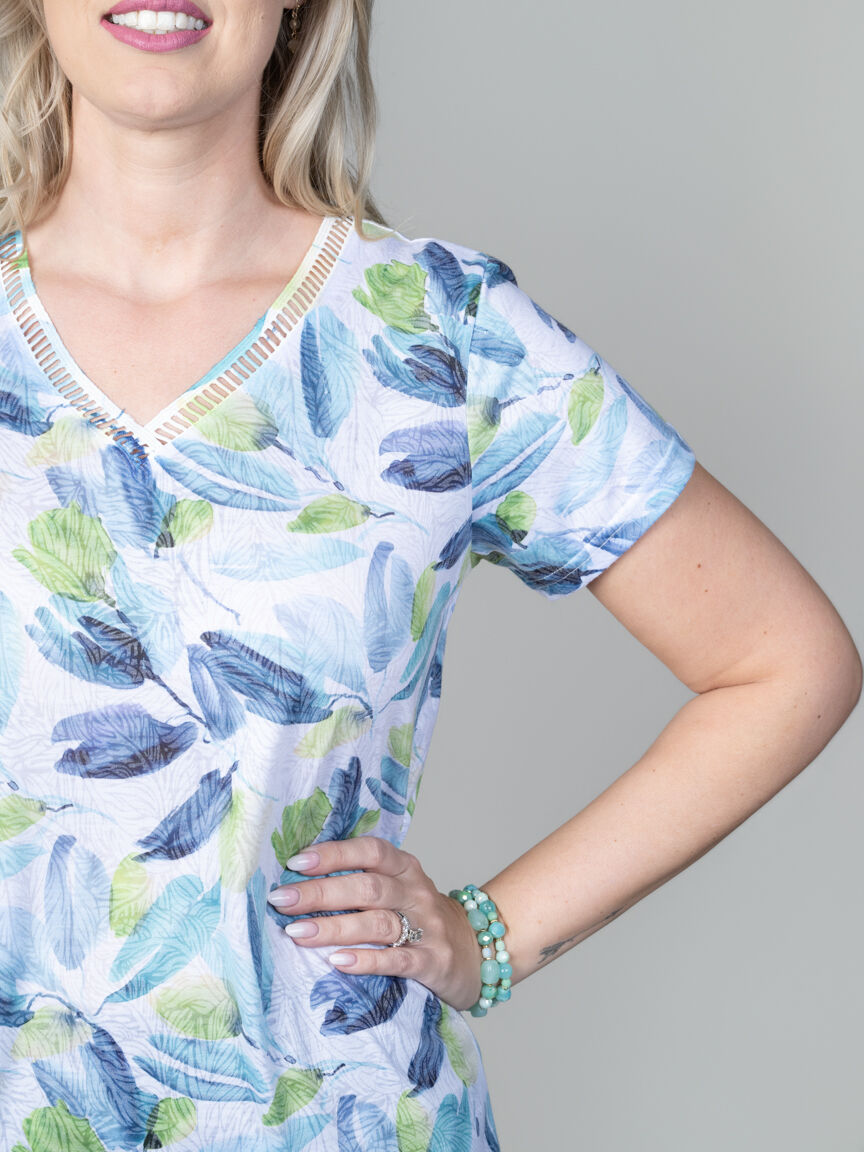 Burnout Leaf Print Short Sleeve Top with V-Neck