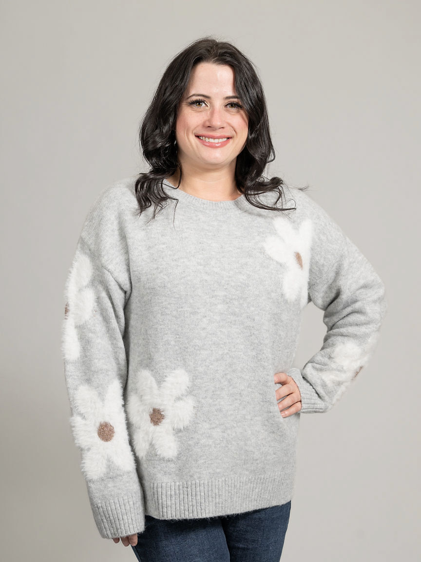 Long Sleeve Knit Sweater With Fluffy Flower Appliqu&eacute;