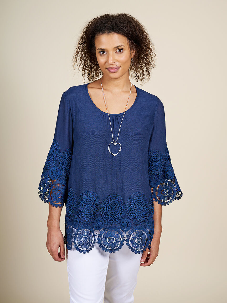 &frac34; Sleeve Blouse with Crochet Detail  Image 1