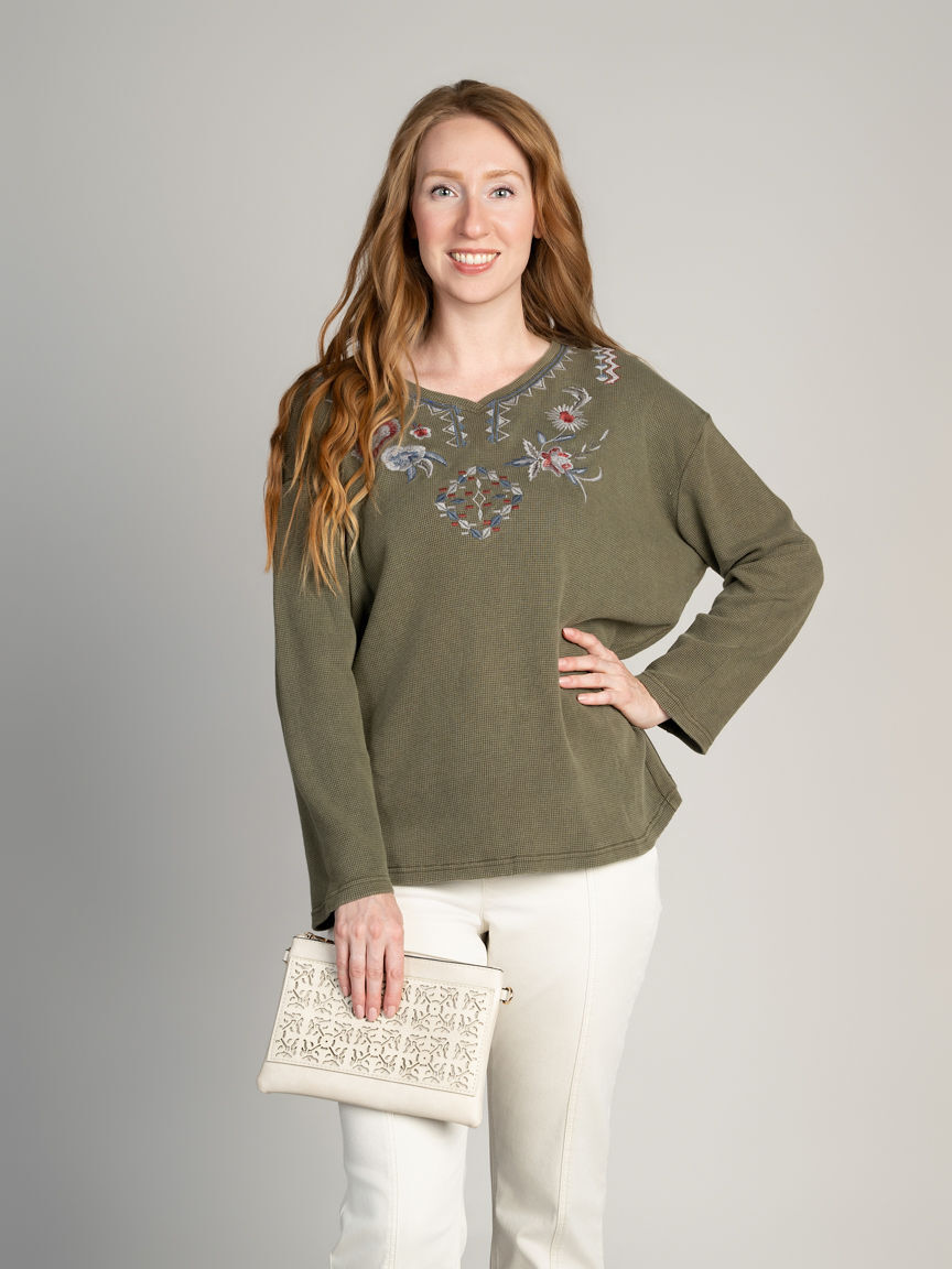 Embroidered Waffle Knit Top