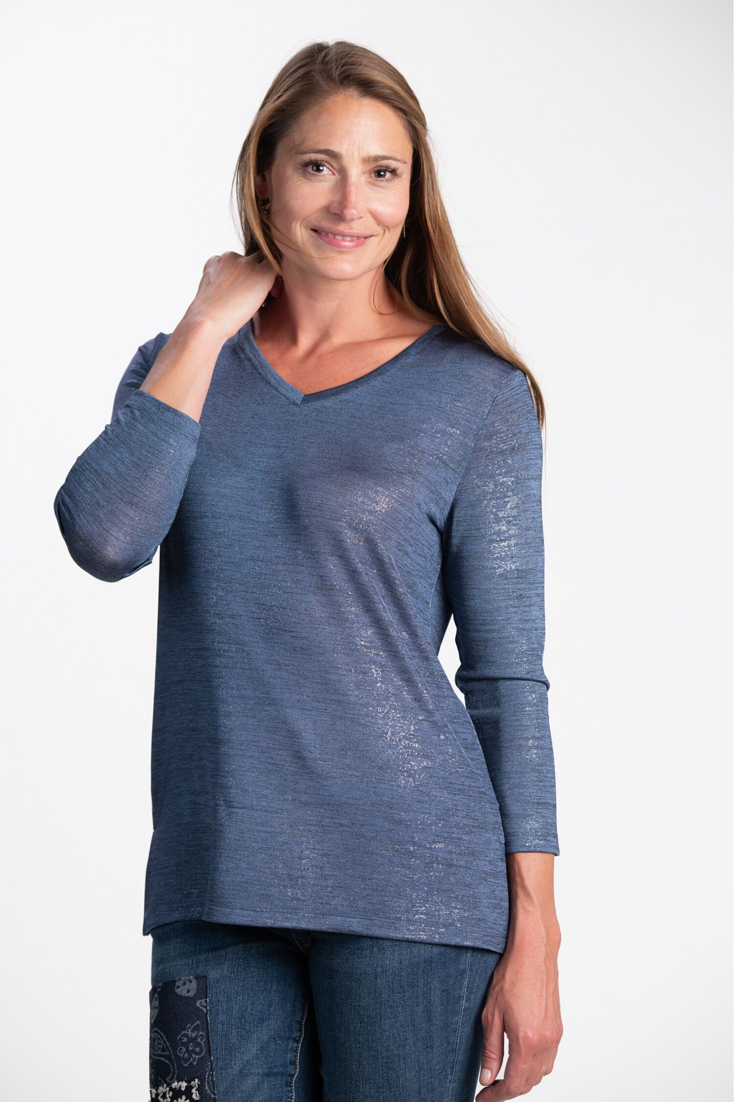 &frac34; Sleeve V-Neck Top w/ Lurex  Image 1