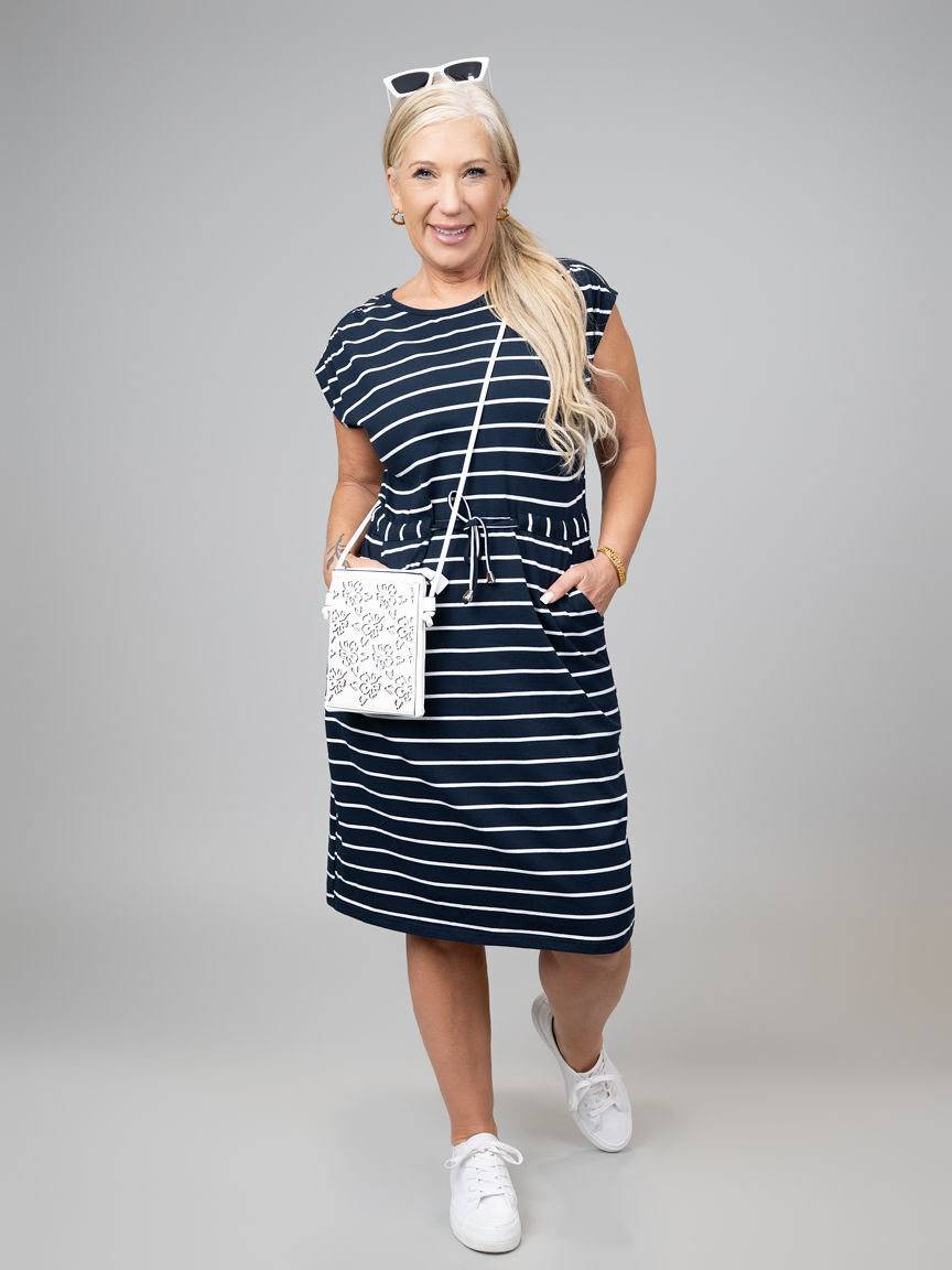 Striped Knee Length Dress With Adjustable Waist