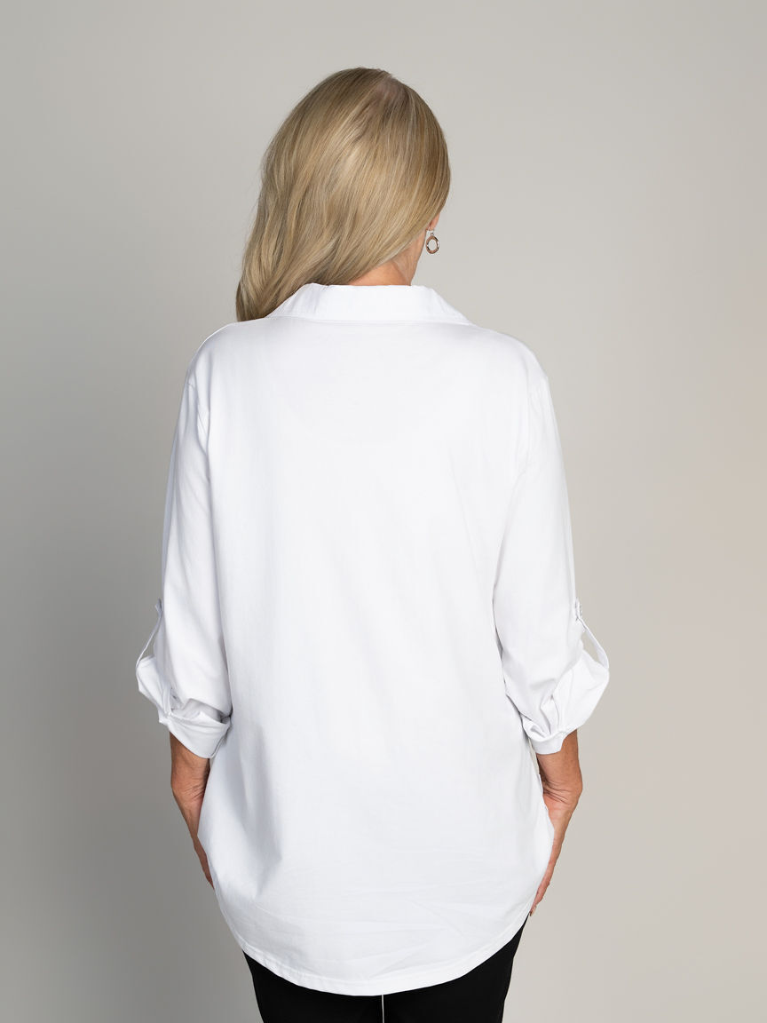 Collared Roll Tab Blouse with Rhinestones