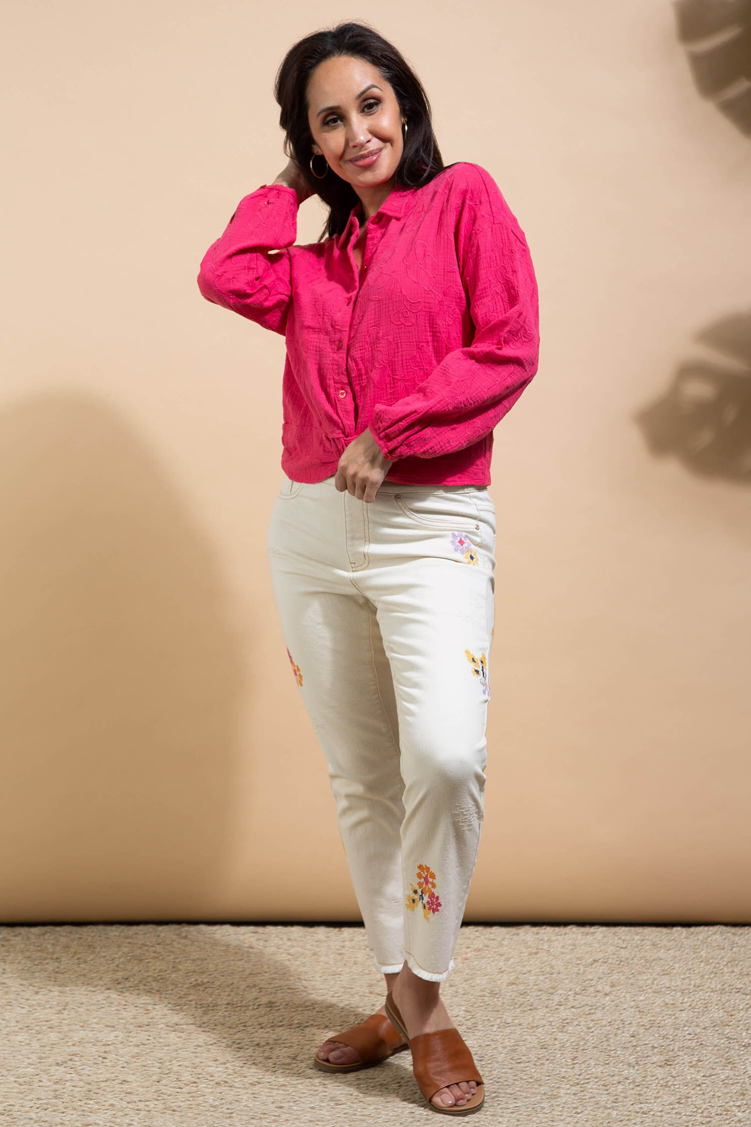 Embroidered Long Sleeve Blouse w/ Faux Knot Image 1