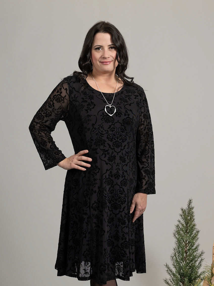 Long Sleeve Knee Length Floral Burnout Dress Image 2