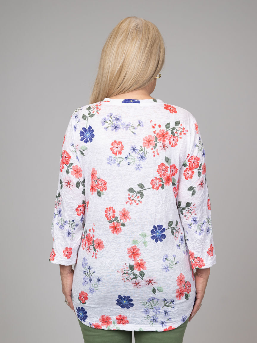 3/4 Sleeve Crinkle Top With Floral Print