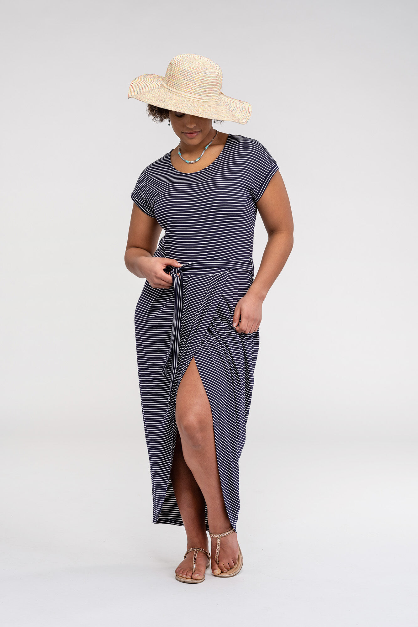 Tulip Pleat Striped Belted Dress Image 4