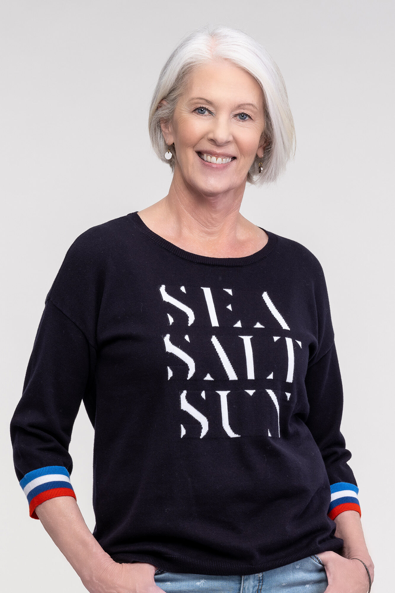 Cotton Crew Neck Sweater 3/4 Sleeves Image 1