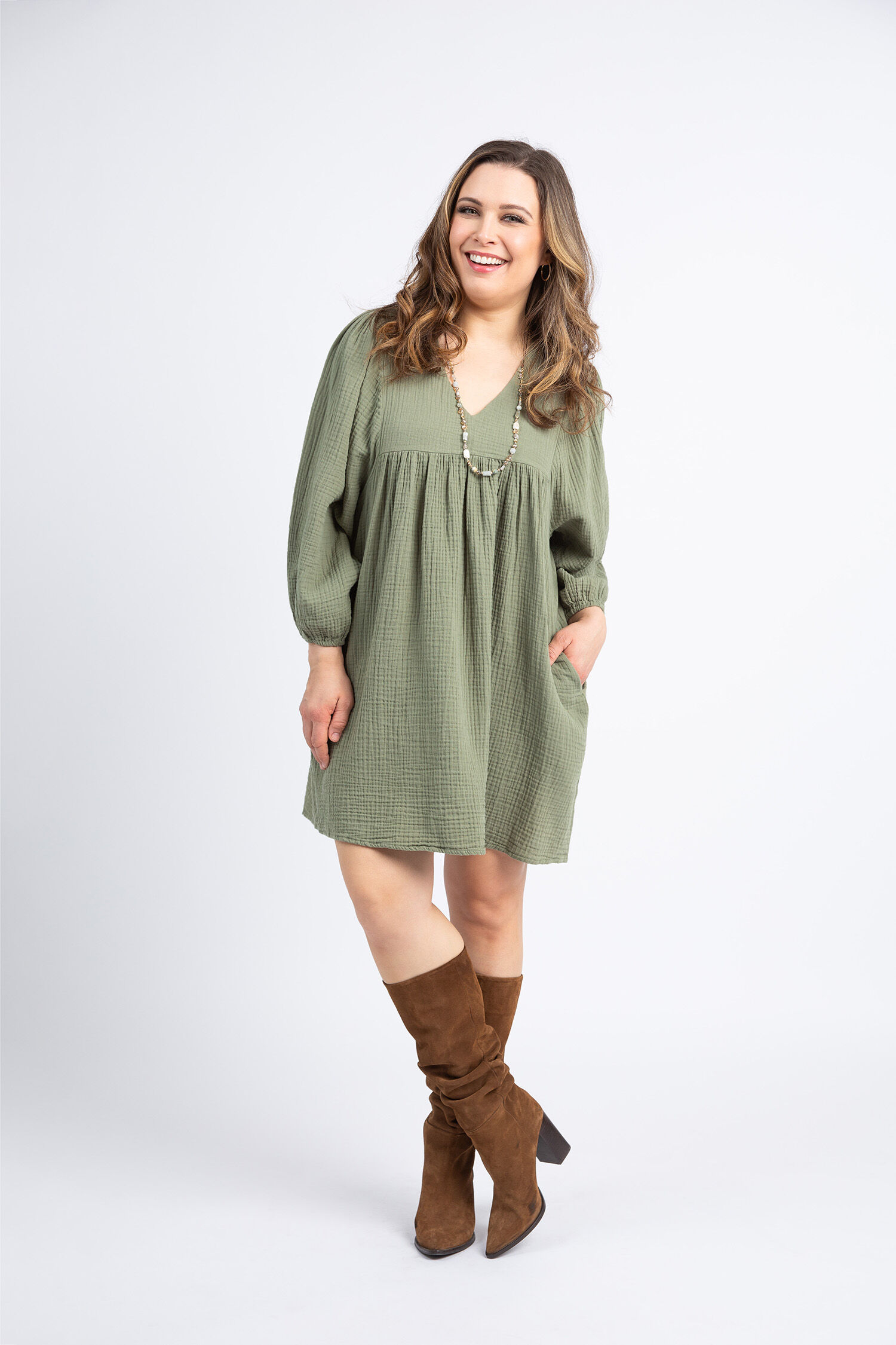 Knee Length Crinkle Gauze Dress Image 1