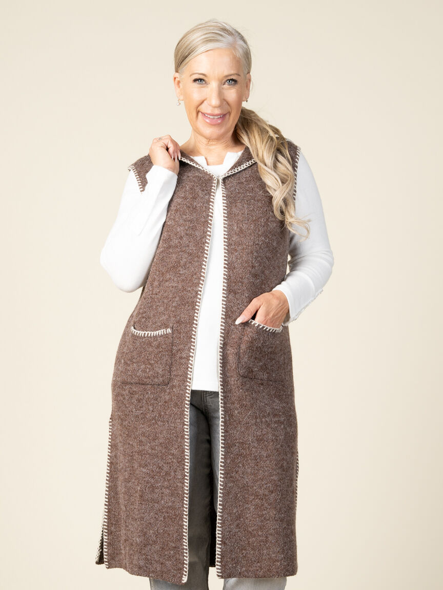 Long Vest Cardigan With Hood and Pockets Image 1