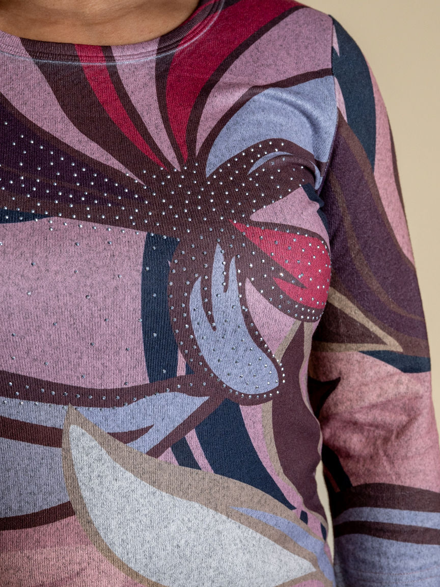 3/4 Sleeve Abstract Print Top with Hotfix