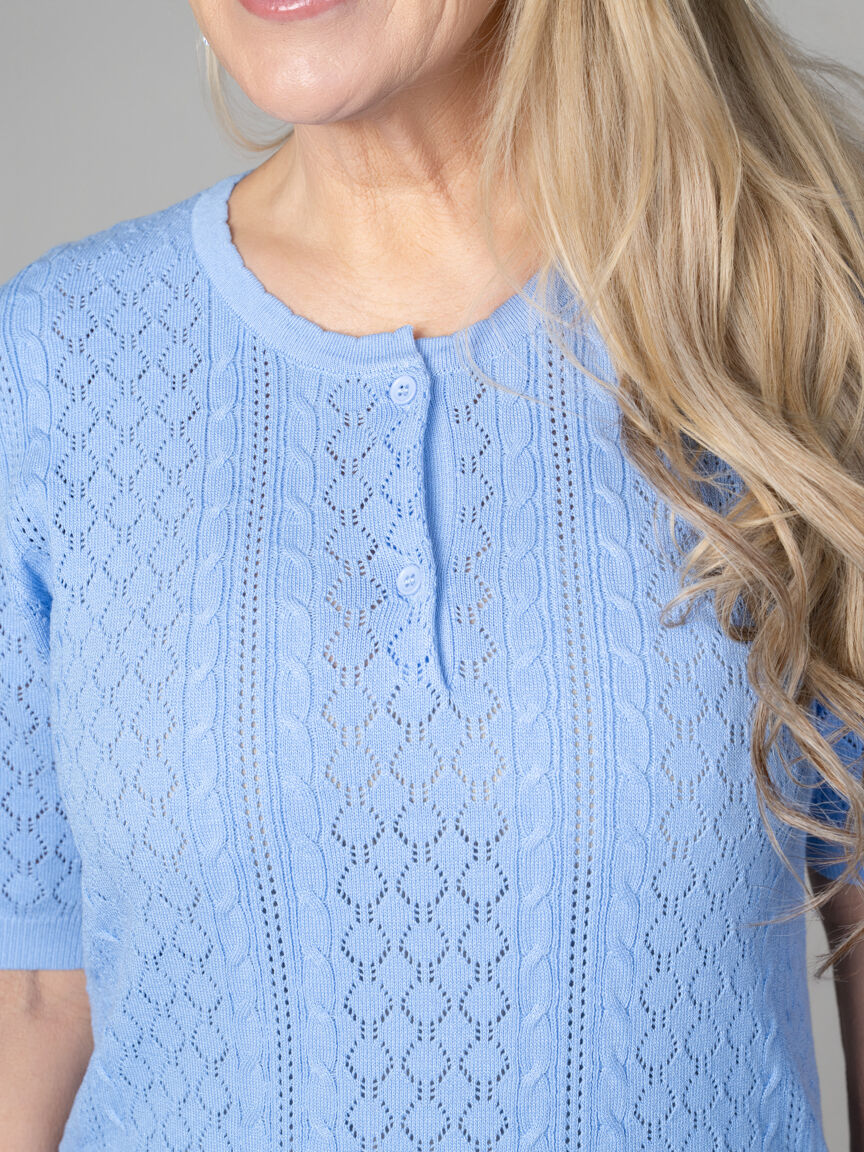 Short Sleeve Polo Sweater With Scalloped Collar Trim