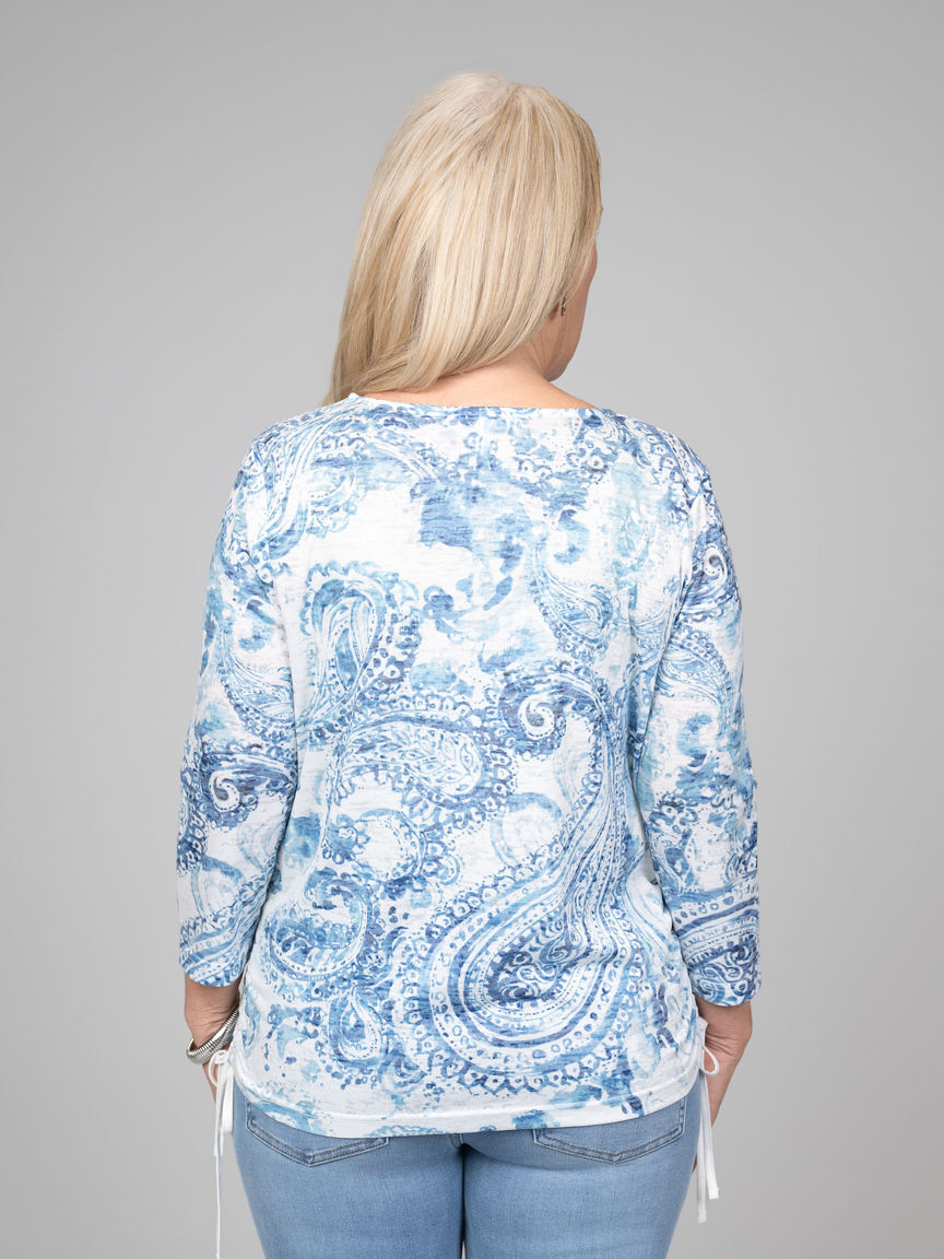 3/4 Sleeve Paisley Print Top With Hotfix