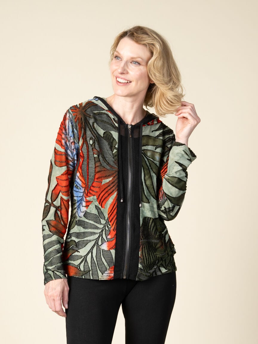 Long Sleeve Mesh Panel Front Zip Cardigan with Hood Image 3