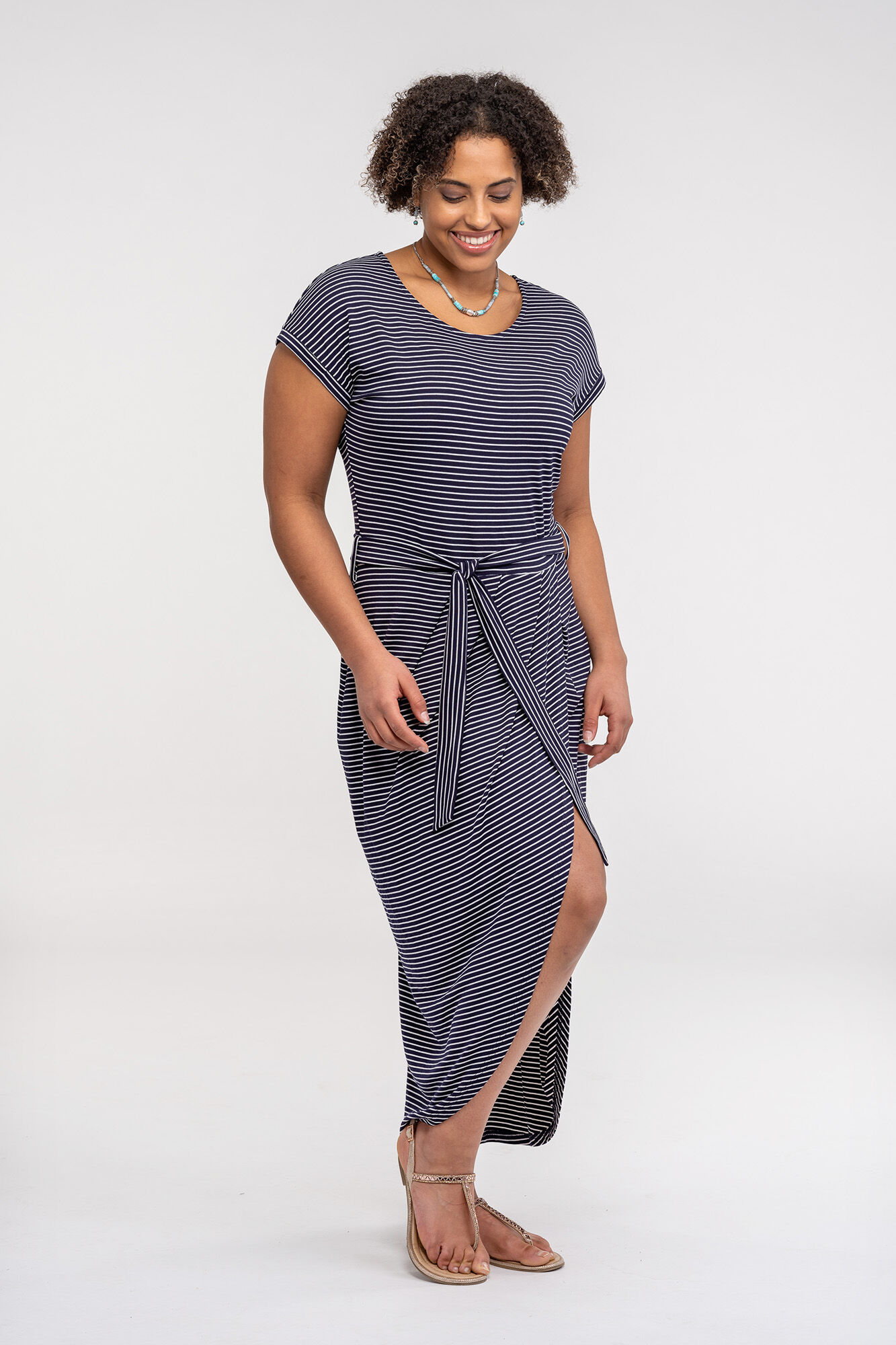 Tulip Pleat Striped Belted Dress Image 1