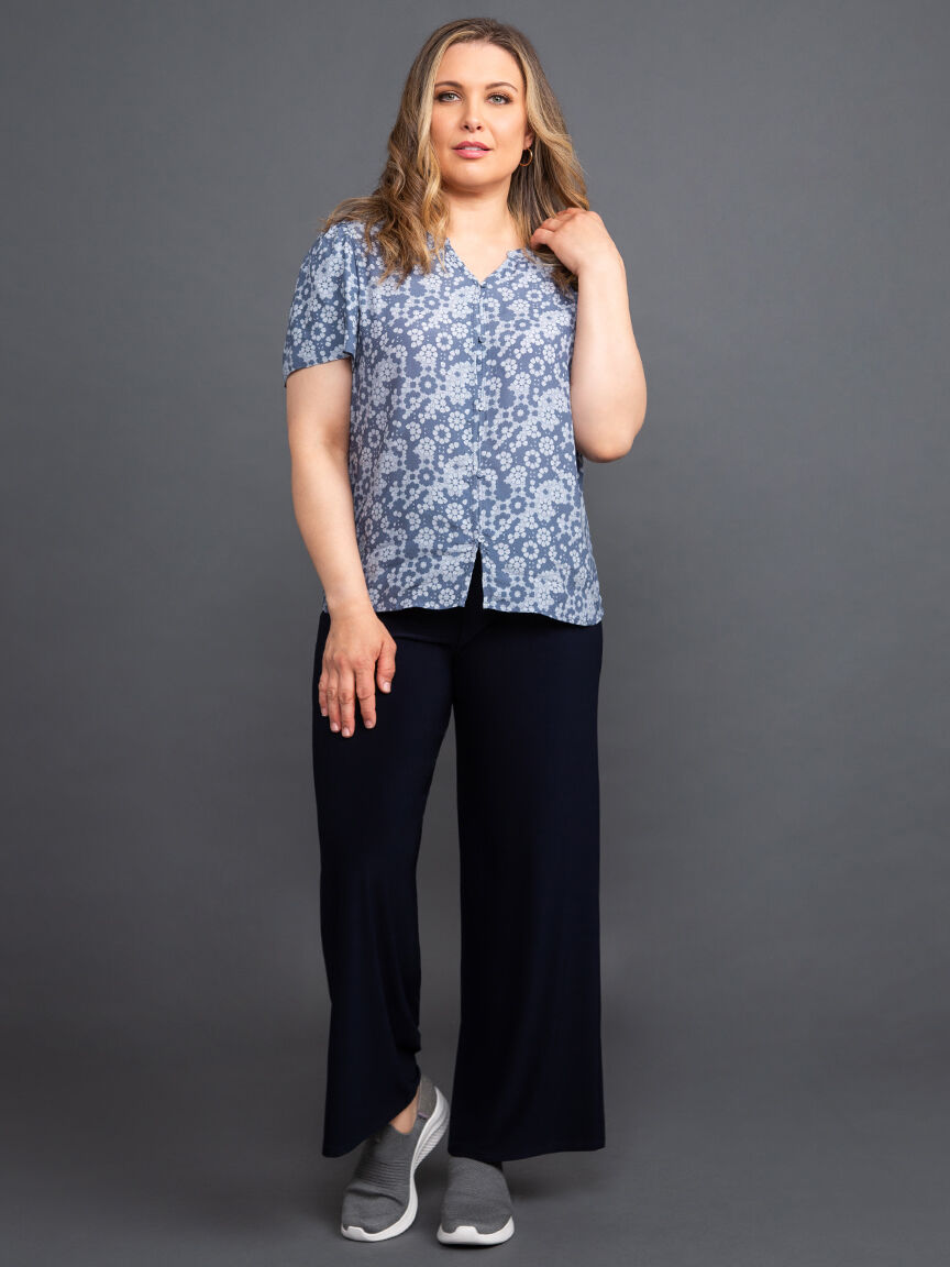 Short Sleeve Button Down Floral Blouse, White