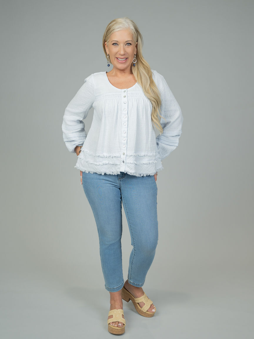 Raw-Edge Tiered A-Line Blouse