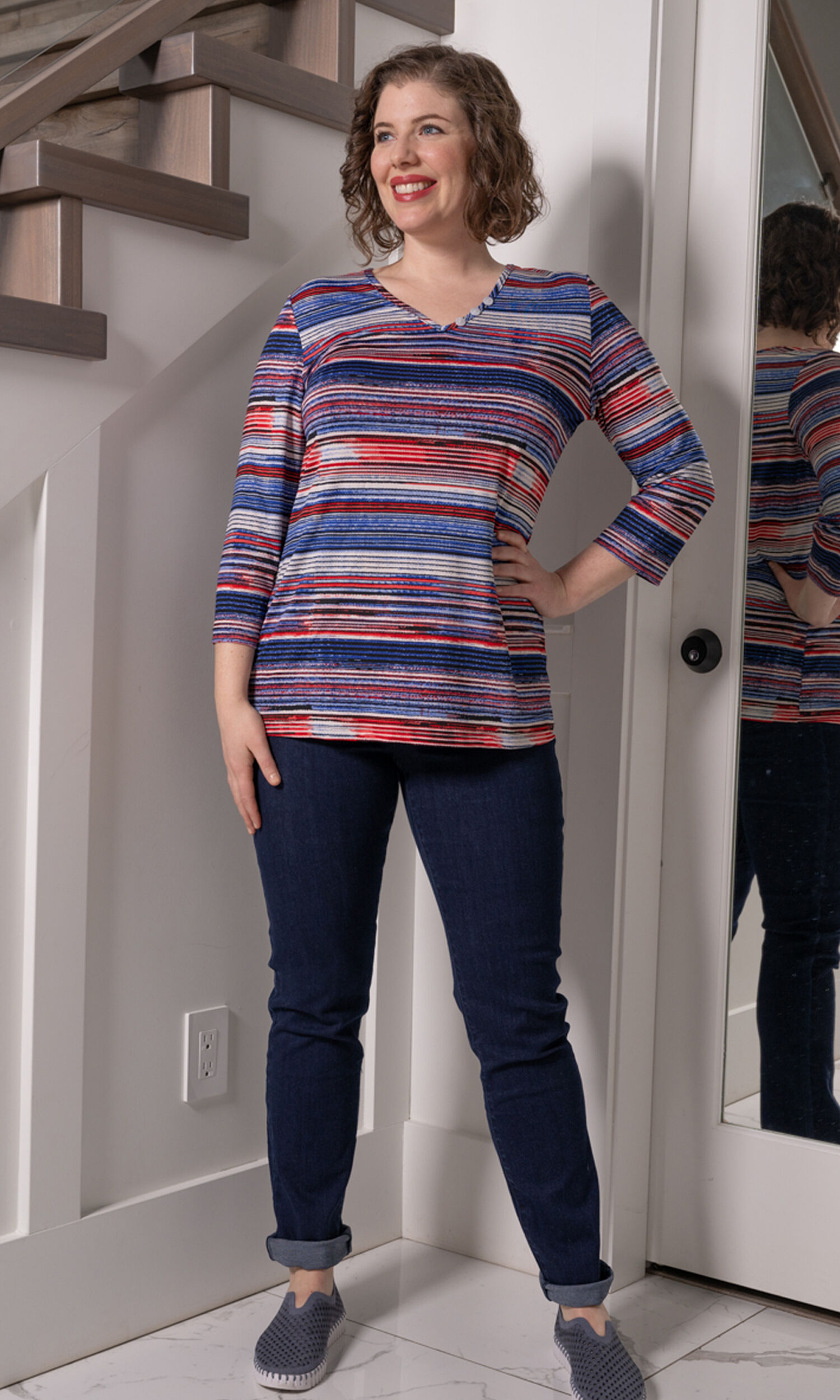 &frac34; Sleeve Striped V-Neck w/ Buttons Image 2