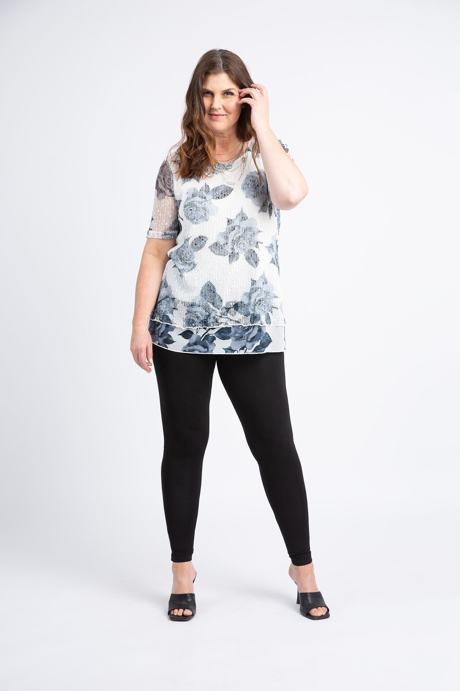 Floral Mesh Sequin Layered Short Sleeve Top Image 1