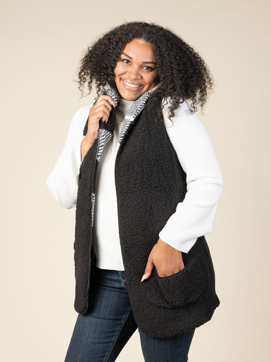 Long Open-Front Hooded Reverible Vest 