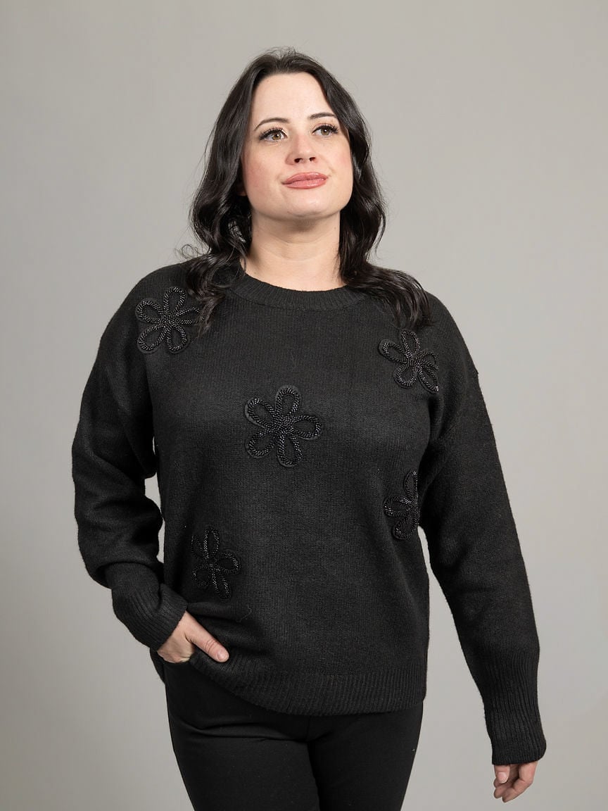 Crew Neck Sweater With Hotfix Flowers