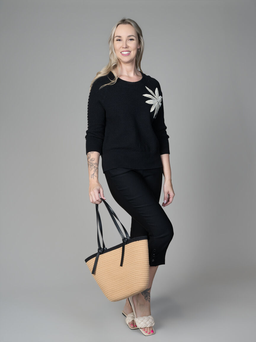 Knit Sweater with Floral Embroidery & Shoulder Stitch Detail