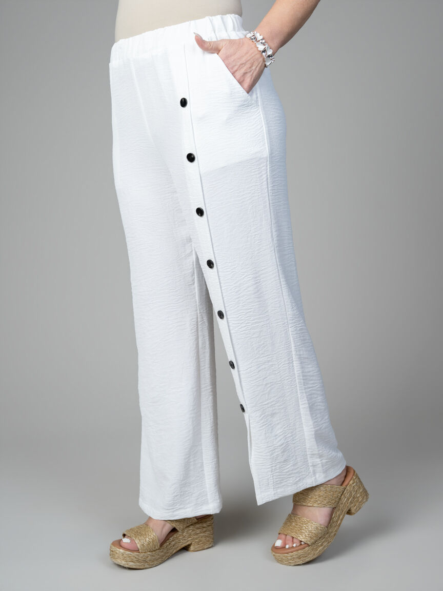 Crinkle Pull-On Pant With Button Detail