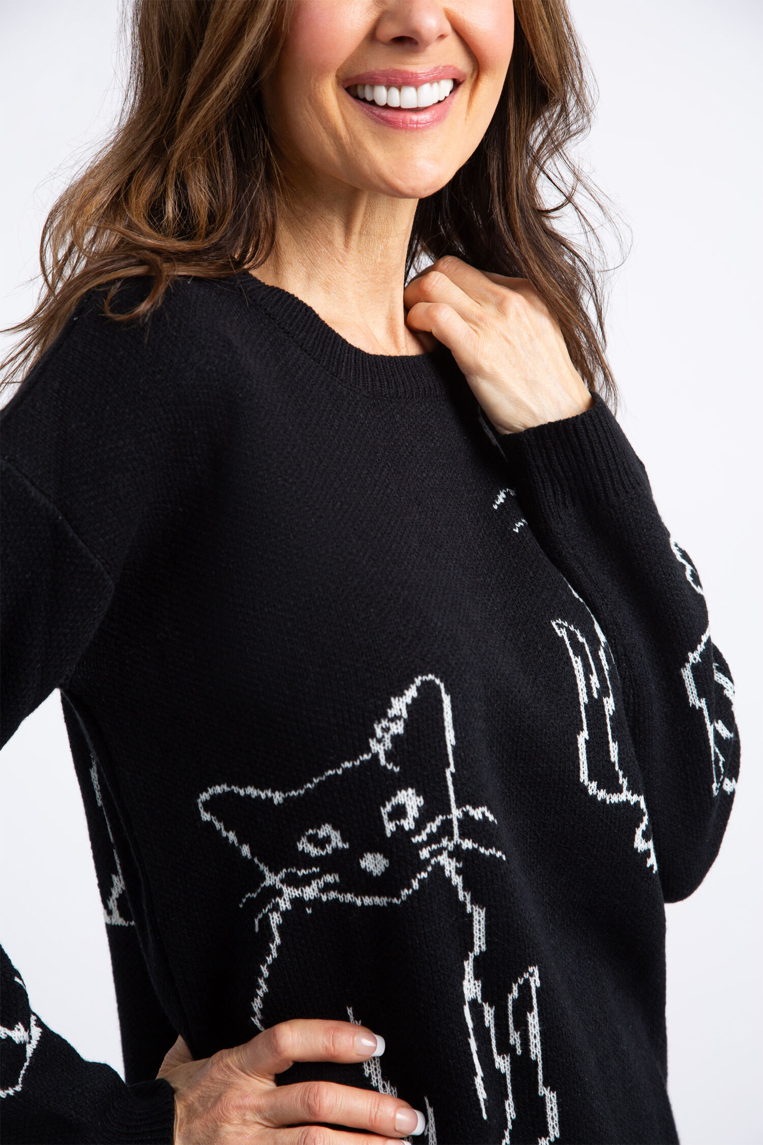 Long Sleeve Knit Sweater w/ Cats  Image 4