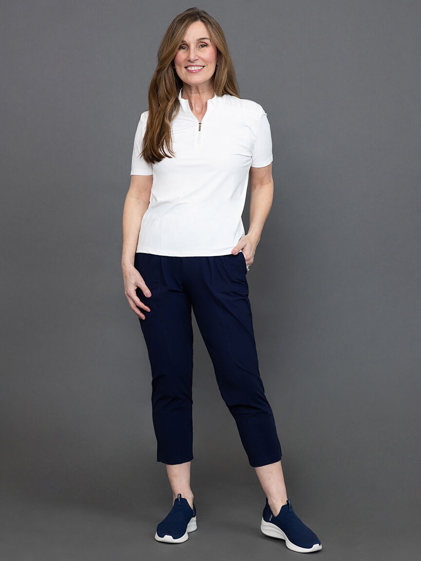 Pointelle Knit Zip-Front Mock Neck Top  Image 1