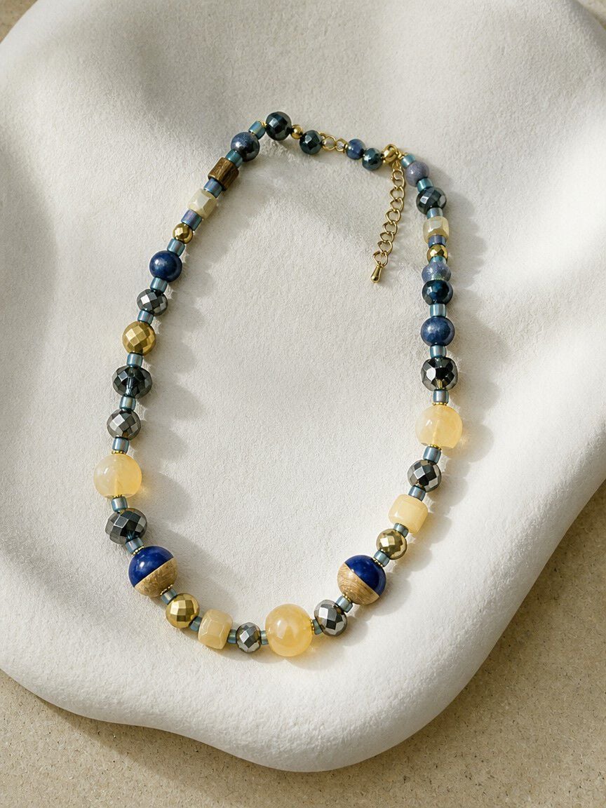Blue Mixed Bead Necklace and Dangle Earrings Set
