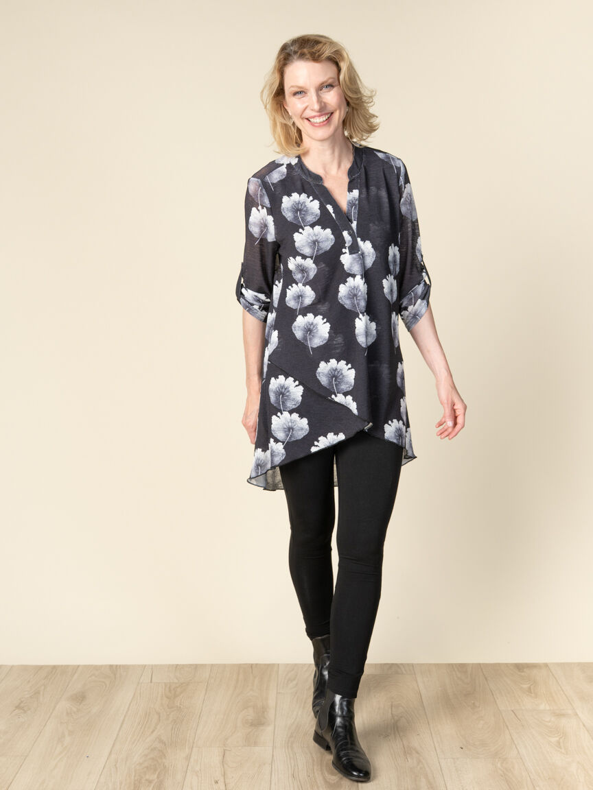 3/4 Sleeve High Low Mesh Tunic with Adjustable Sleeve