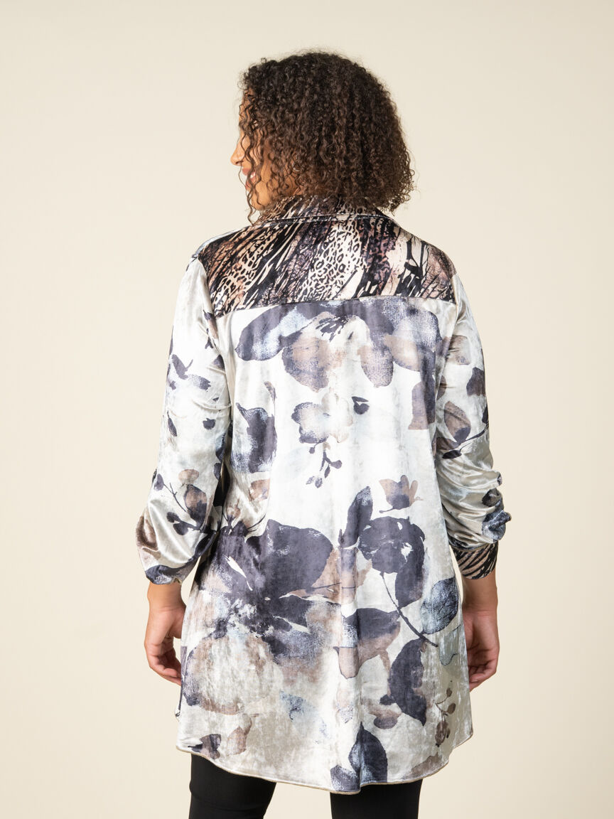 Roll-Tab Button-Up Velour Blouse