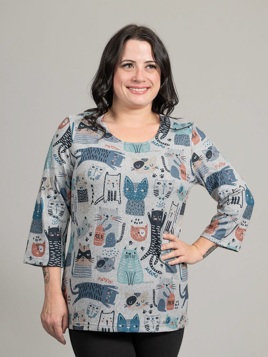 3/4 Sleeve Cat Print Top With Hotfix