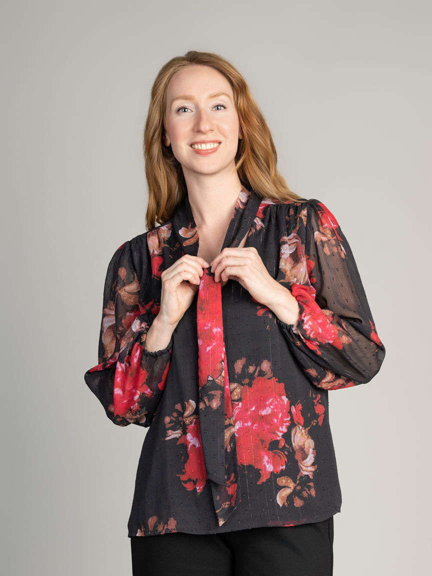 Sheer Floral Tie-Neck Blouse