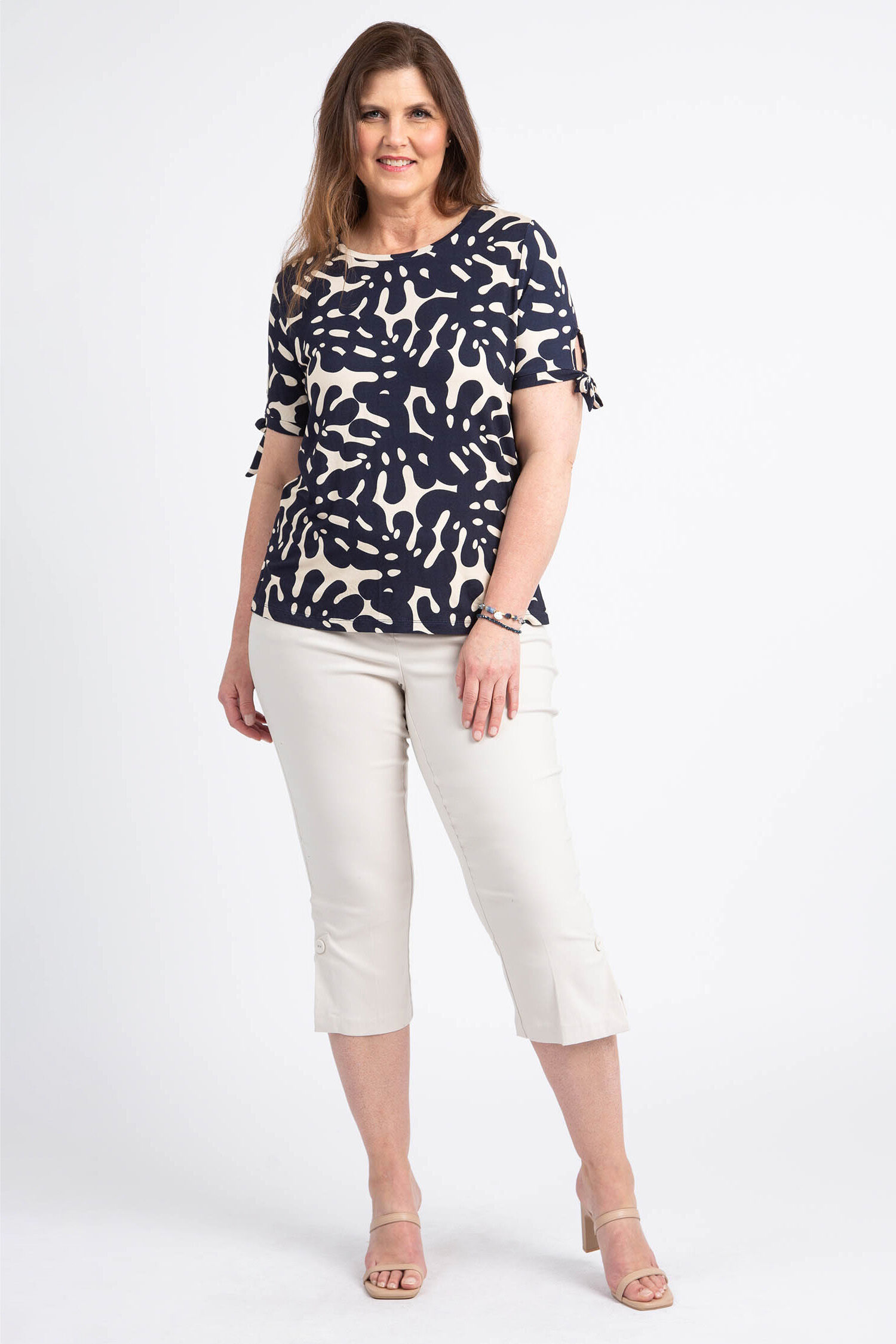 Printed Crew Neck Top w/ Short Sleeve Ties Image 2