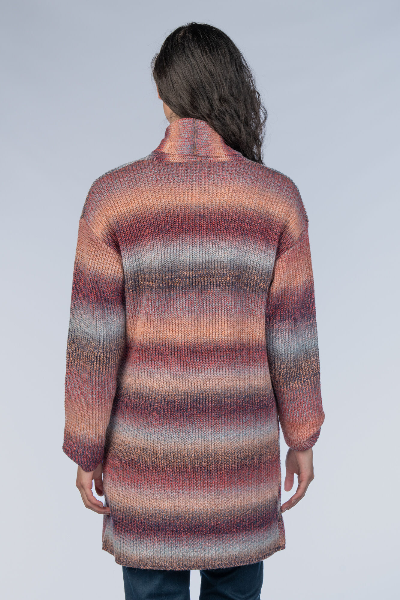 Multi-Colored Rainbow Stripes Two Pockets Open-Drape Cardigan Image 2