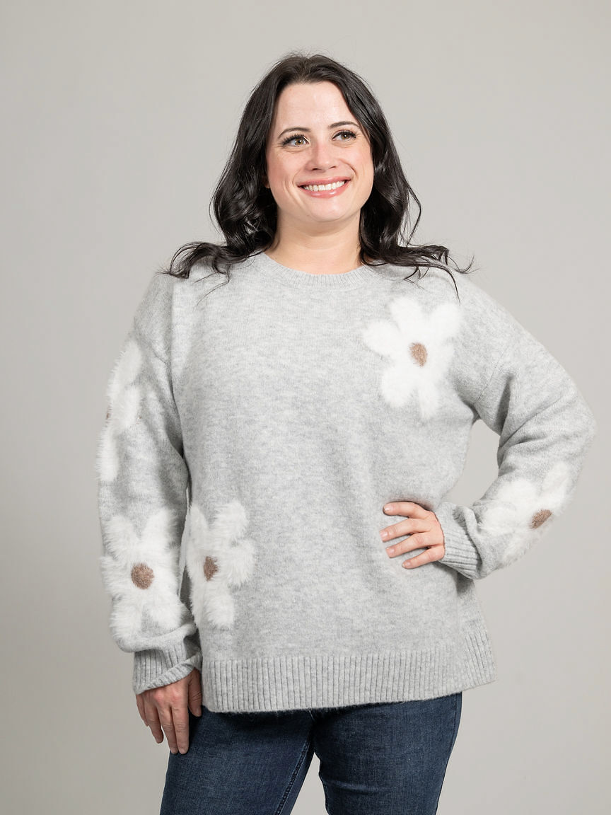 Long Sleeve Knit Sweater With Fluffy Flower Appliqu&eacute;