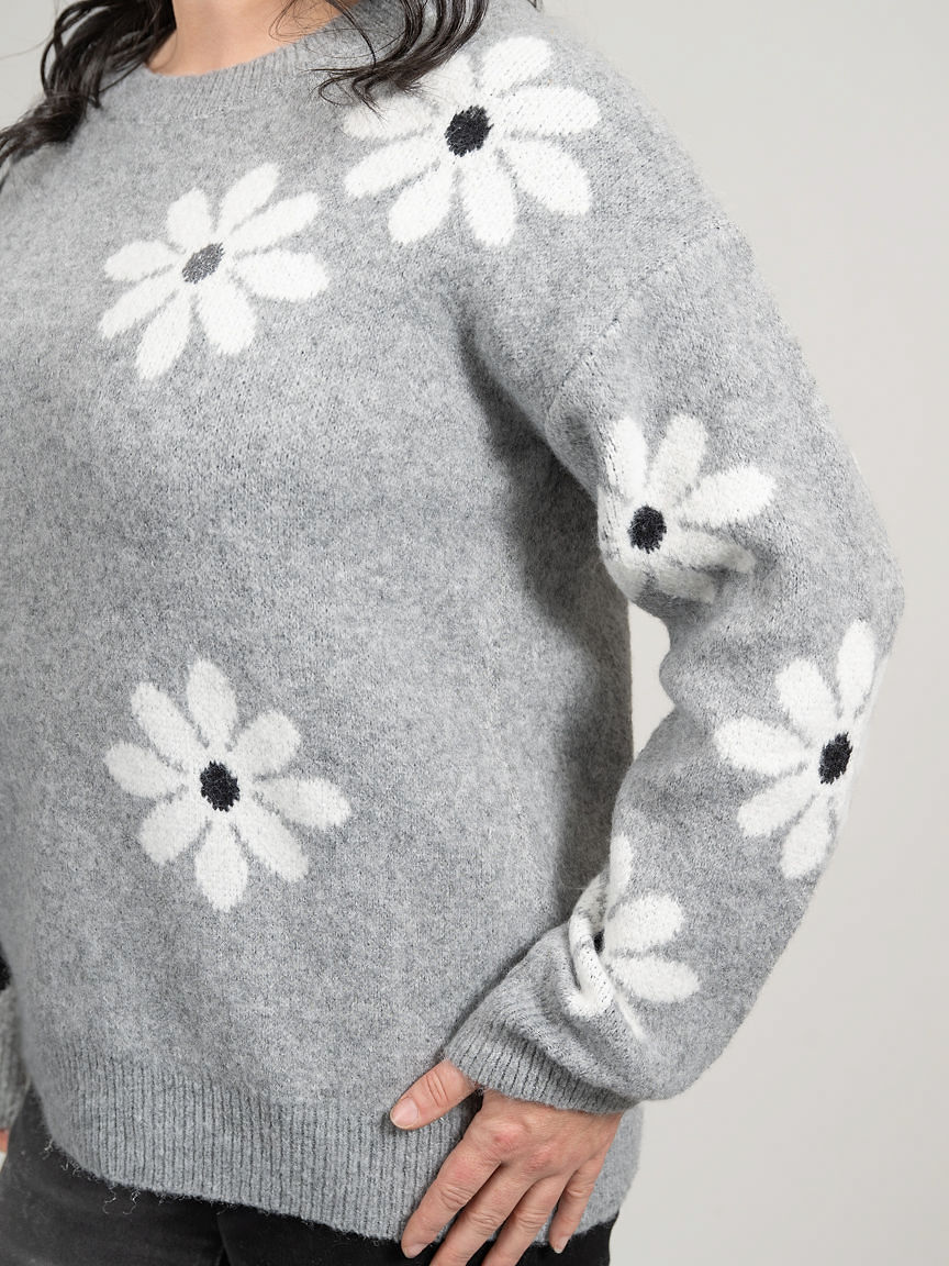 Long Sleeve Knit Crew Neck With Floral Motifs