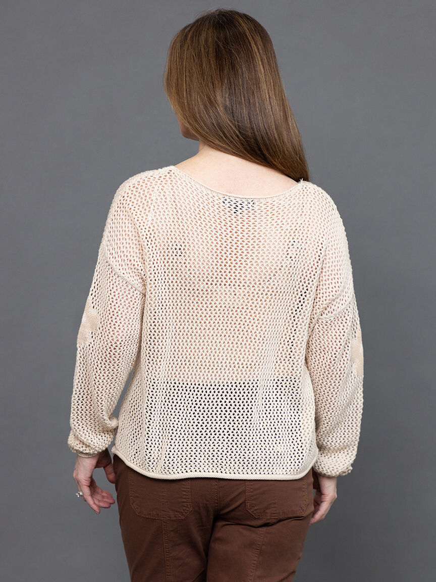 Long sleeve cream open knit sweater with floral knit detail Image 4