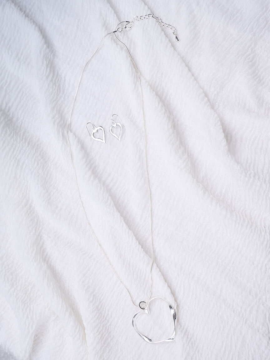 Long Silver Chain with Heart Pendant and Earring Set 