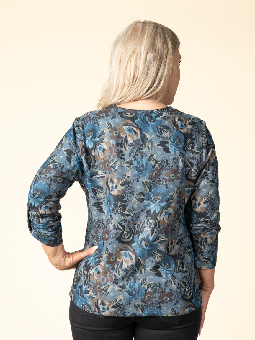 Long Sleeve Roll Tab Floral Top
