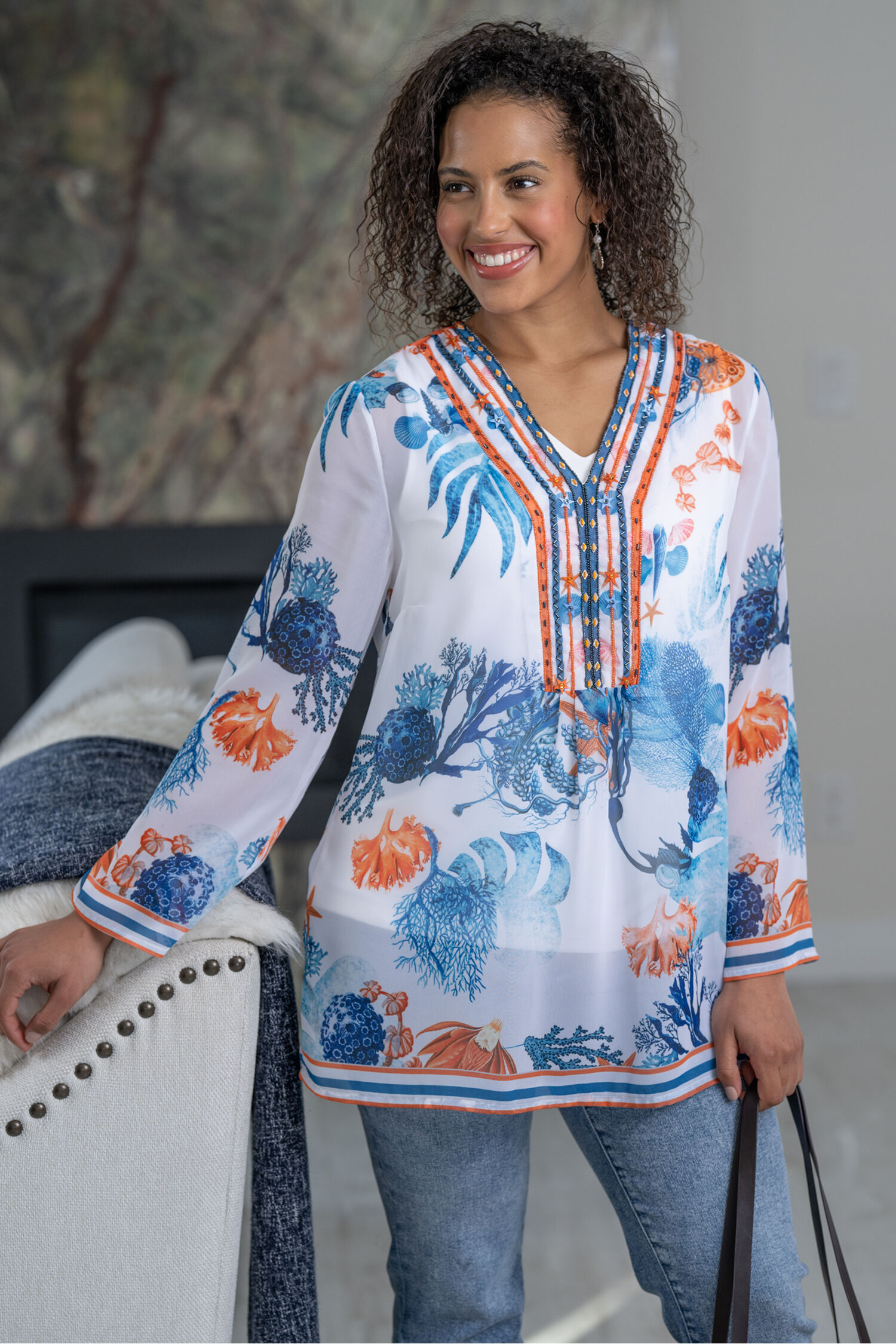 &frac34; Sleeve Sheer Tunic Image 1