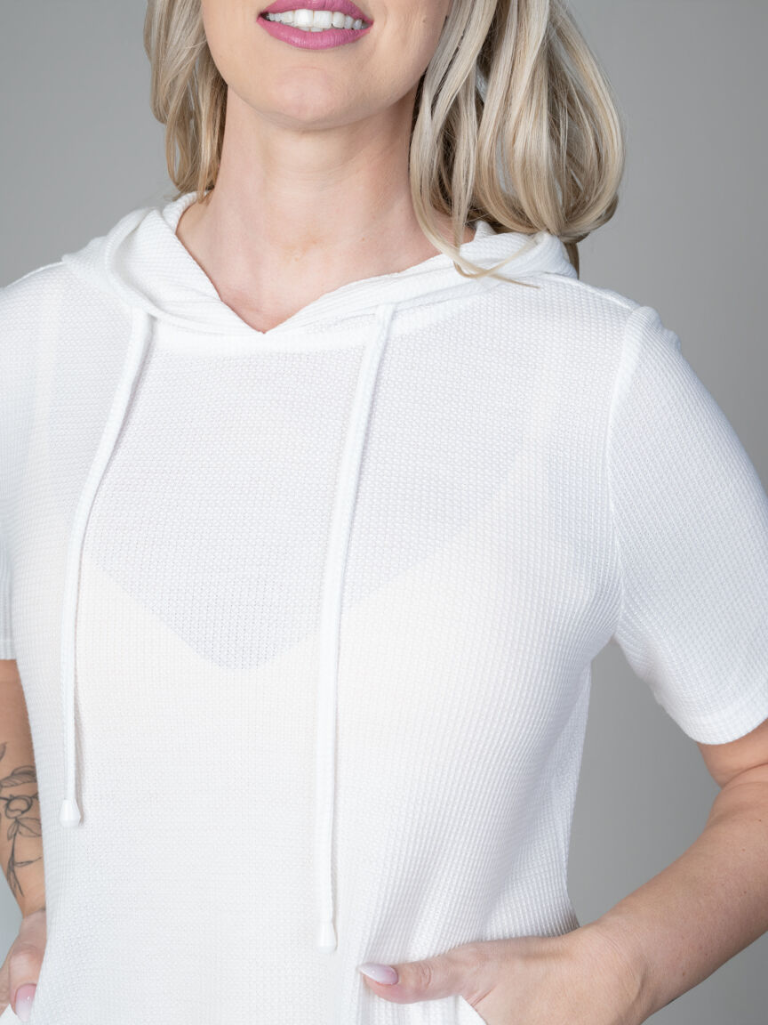 Short Sleeve Waffle Knit Tunic With Hood
