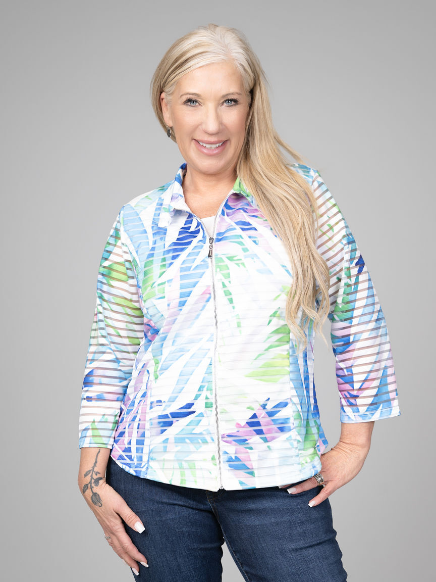 Sheer Stripe Tropical Leaf Jacket