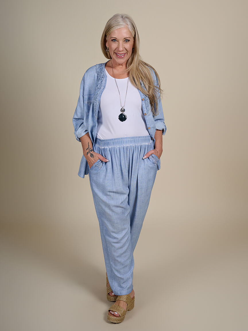 Pull On Wide Leg Cropped Linen Pant