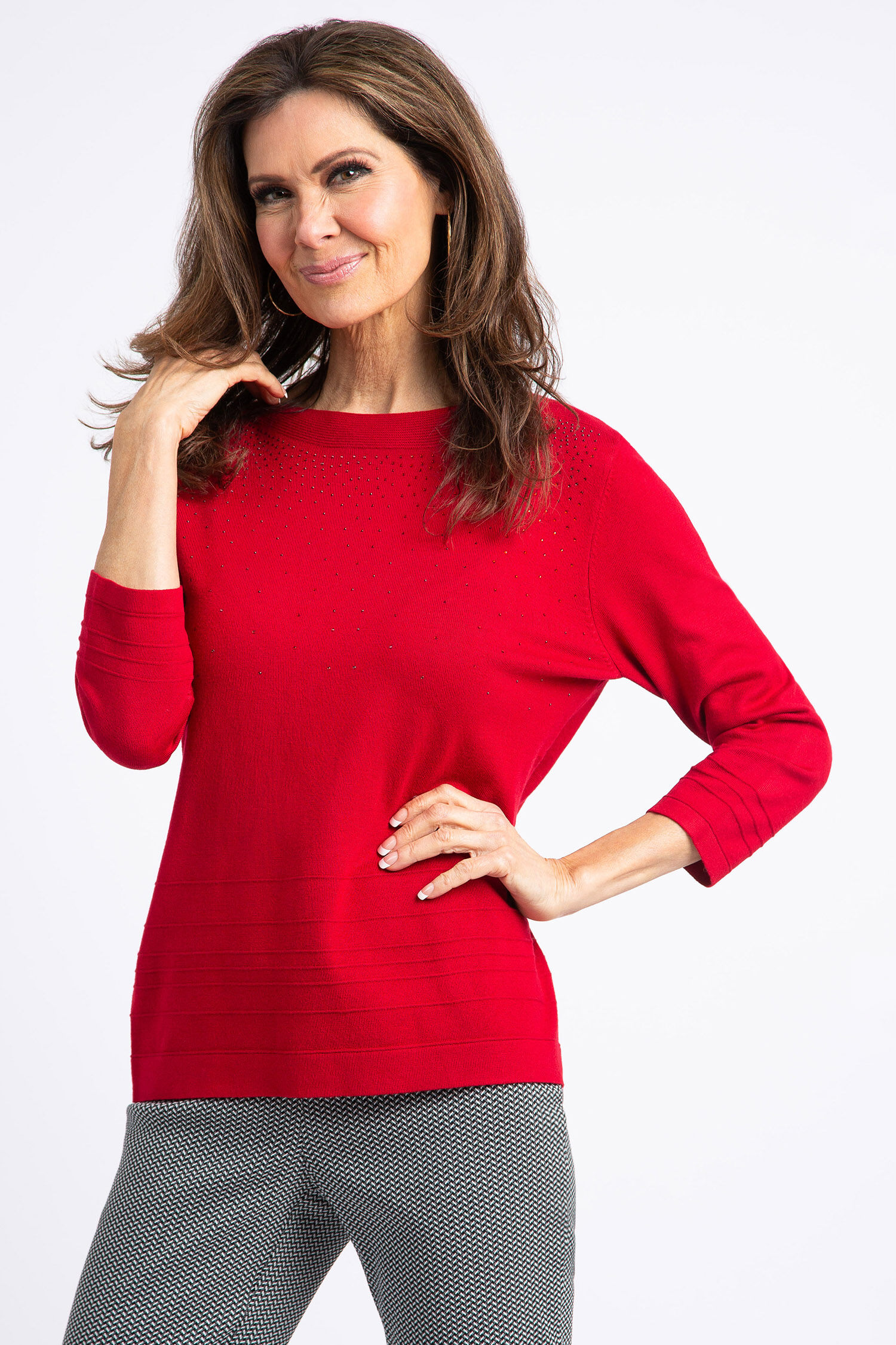 &frac34; Sleeve Embellished Boatneck Sweater Image 1