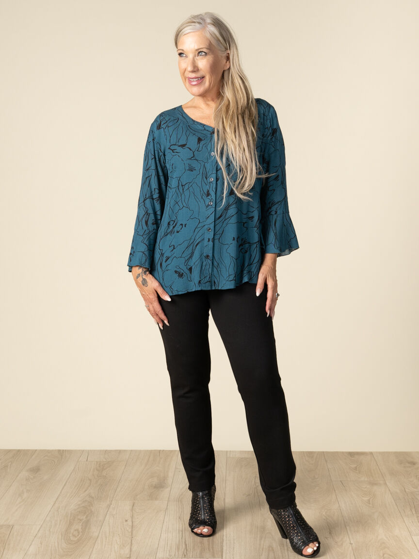 3/4 Sleeve Floral Print Button Up Flared Sleeves Top