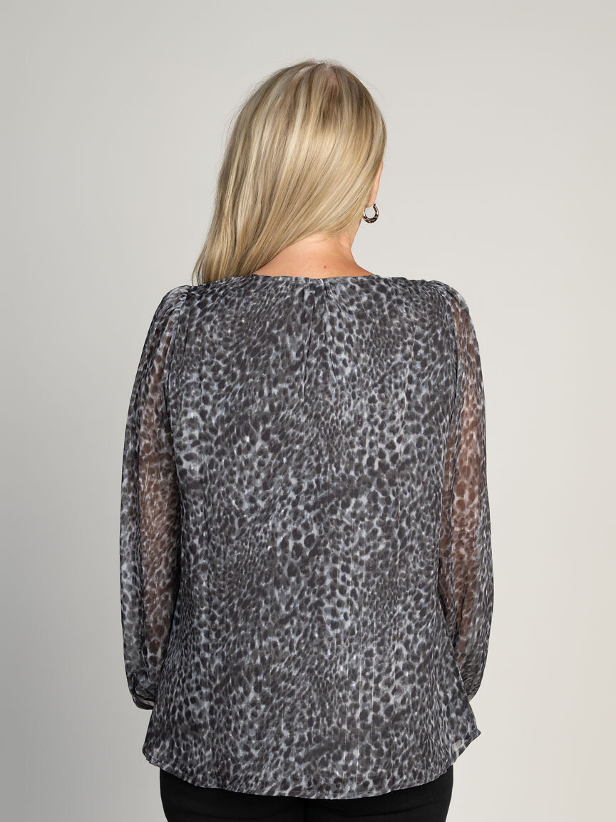 Long Sleeve Grey Leopard print blouse with silver detailing.