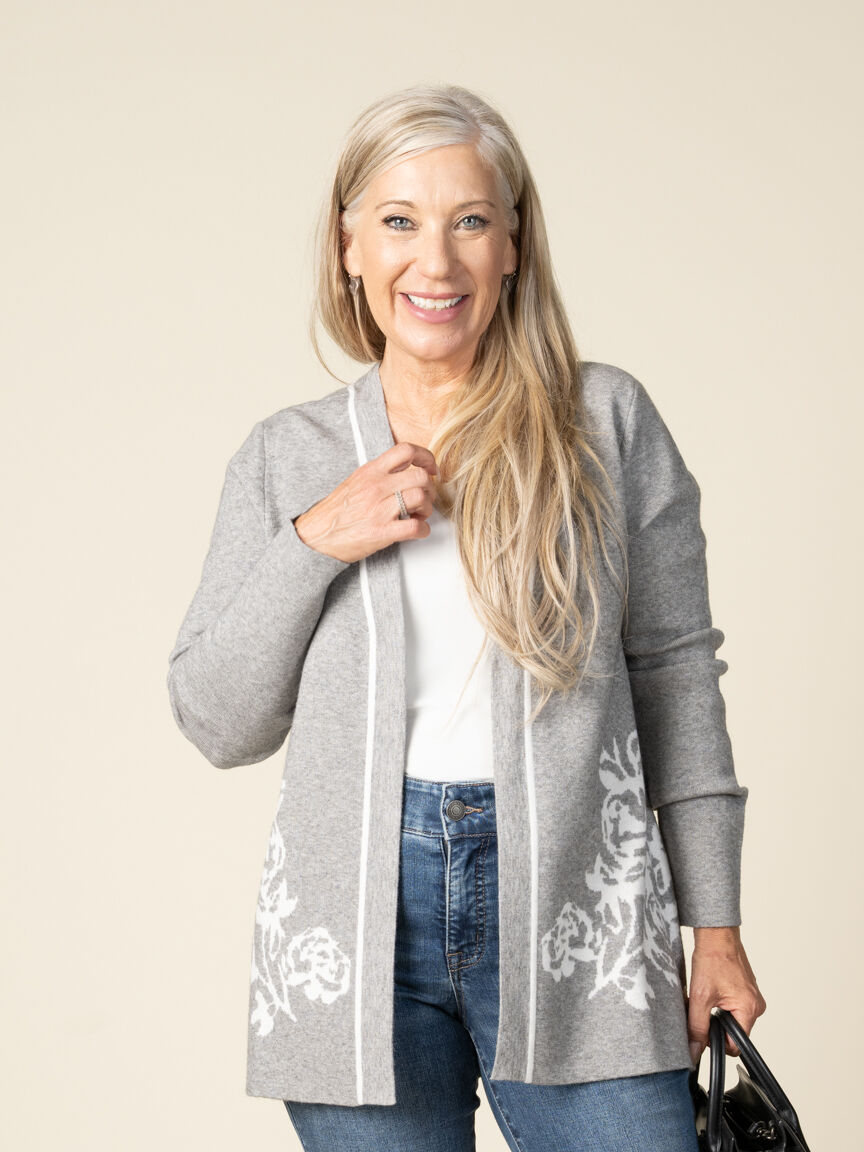 Long Sleeve Open Front Rose Print Cardigan